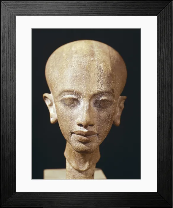 Framed Print : Portrait bust of a daughter of King Akhenaten. 1353 BC. Bust of one of the daughters of King Akhenaten. Egyptian art. New Kingdom. Sculpture on rock. EGYPT. Cairo