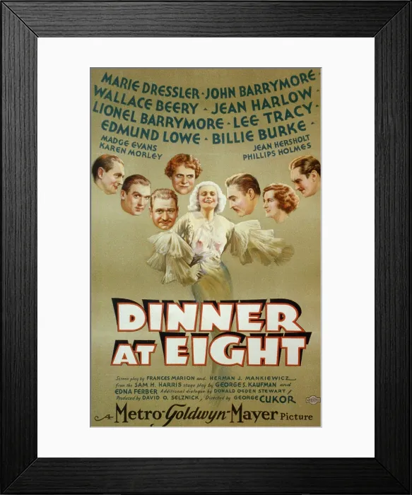 Framed Print : Poster for the 1933 film, DINNER AT EIGHT starring Marie Dressler, John Barrymore, Jean Harlow, Wallace Beery, Lionel Barrymore, Lee Troey; Edmund Lawe, and Billie Burke