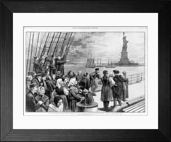Framed Print : Statue of Liberty. Welcome to the land of freedom - An ocean steamer passing the Statue of Liberty: Scene on the steerage deck. Engraving ca. 1887