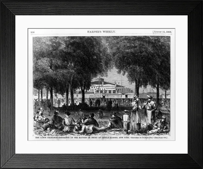 Framed Print : The Labor exchange--emigrants on the Battery in front of Castle Garden, New York. Engraving ca. 1868