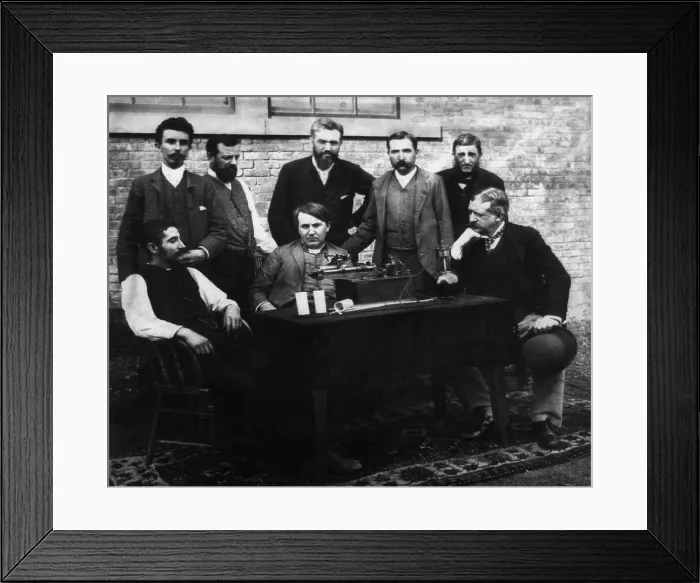 Framed Print : Thomas A. Edison and his staff engineers / inventors, with their wax recording phonograph. Portrait shows Edison seated in center, with Fred Ott at left and Col Framed Print : Thomas A. Edison and his staff engineers / inventors, with their wax recording phonograph. Portrait shows Edison seated in center, with Fred Ott at left and Col