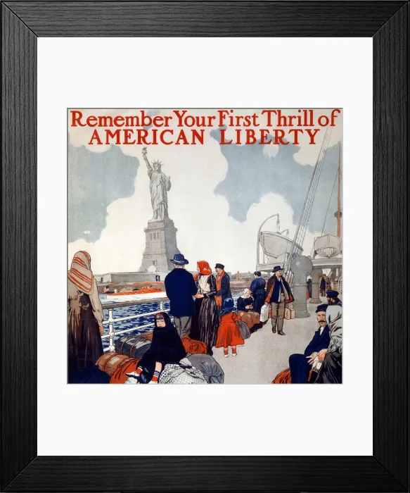 Framed Print : Statue of Liberty. Poster showing immigrants on a ship's deck, sailing past the Statue of Liberty. color lithograph, 1917 Framed Print : Statue of Liberty. Poster showing immigrants on a ship's deck, sailing past the Statue of Liberty. color lithograph, 1917
