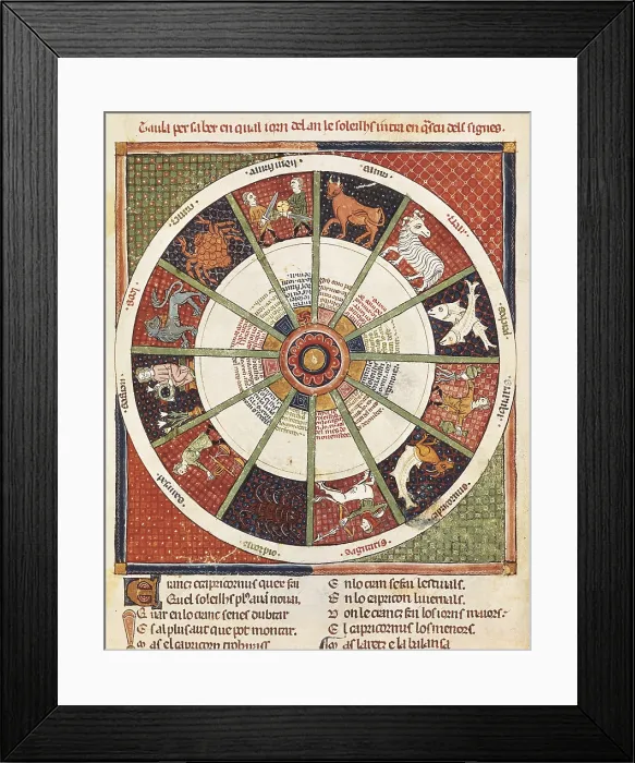Framed Print : ERMENGAUD OF BEZIERS (13th century). Breviaire d'amour (Breviary of Love). 13th c. The Twelve Signs of the Zodiac. Provenal School. Romanesque art. Miniature Painting. SPAIN Framed Print : ERMENGAUD OF BEZIERS (13th century). Breviaire d'amour (Breviary of Love). 13th c. The Twelve Signs of the Zodiac. Provenal School. Romanesque art. Miniature Painting. SPAIN