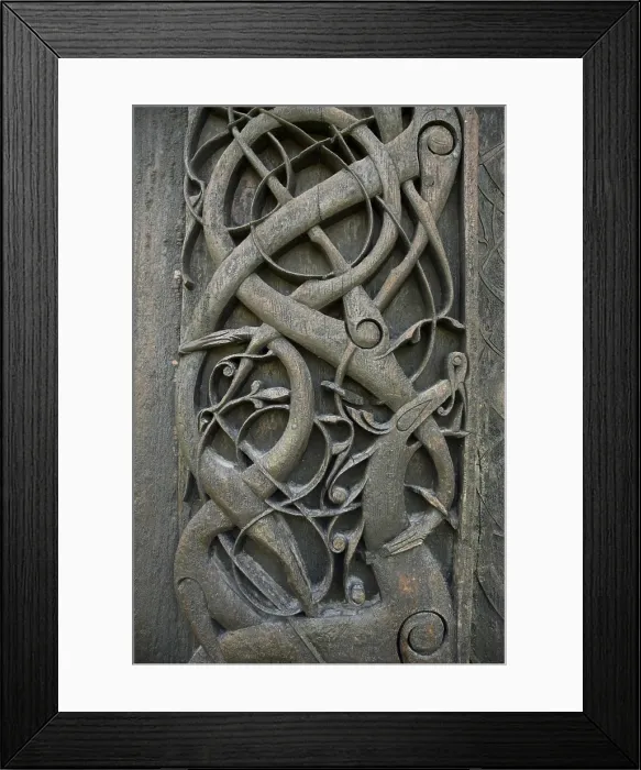Framed Print : NORWAY. SOGN OG FJORDANE. Urnes Stavkirke, aka Urnes Stave Church (woodden church from 12th c.). Detail of Viking decorations