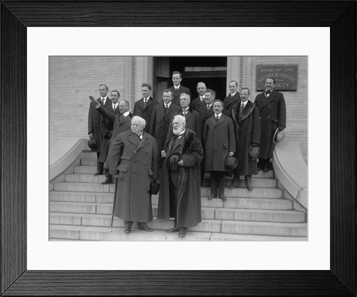 Framed Print : Famous inventor, Alexander Graham Bell, on the steps of the National Geographic Society to celebrate the anniversary of the Bell Telephone, 1916
