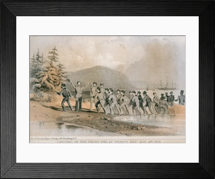 Framed Print : Landing of the first Atlantic telegraph cable at Trinity Bay, Newfoundland on August 4, 1858. The cable ran under the ocean to the Valentia Island, in western Ireland