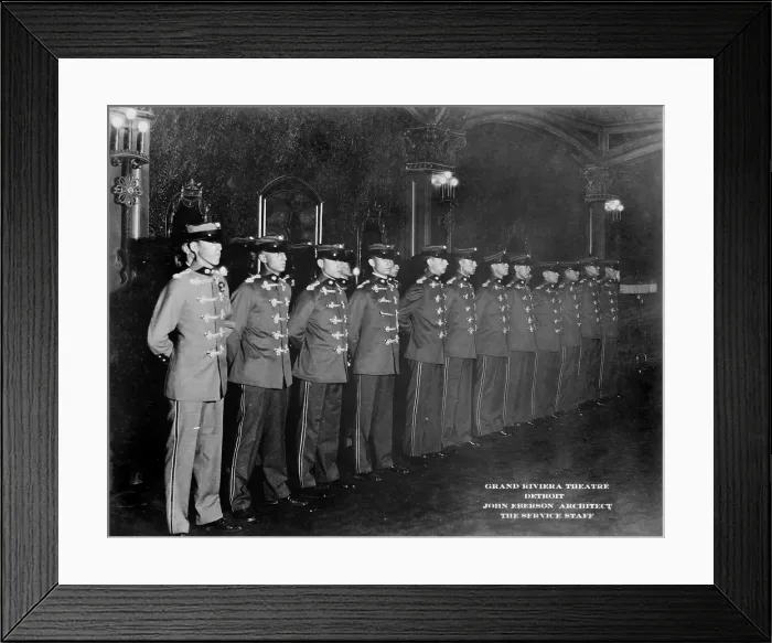 Framed Print : Movie Theaters, the Grand Riviera Theatre, photograph of ushers in foyer, 9222 Grand River Avenue, Detroit, Michigan, circa 1925