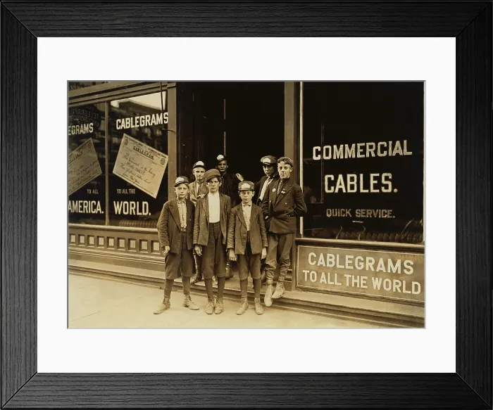 Framed Print : Teenage and child Telegraph messengers, completed the final leg of long distance communication by delivering the physical paper telegraphs