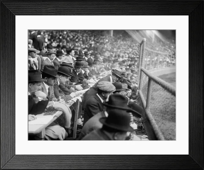 Framed Print : Before radio, baseball games were reported via telegraph operators and the action and changing scores were posted to large public scoreboards Framed Print : Before radio, baseball games were reported via telegraph operators and the action and changing scores were posted to large public scoreboards