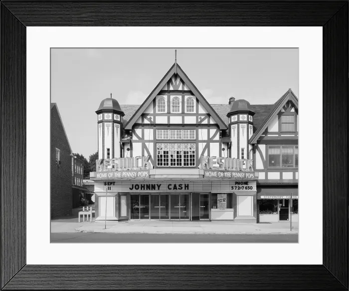 Framed Print : Movie Theaters, The Keswick Theater, the marquee is announcing a performance of Johnny Cash, 1419 Bethlehem Pike, Flourtown, Pennsylvania, circa 1970s