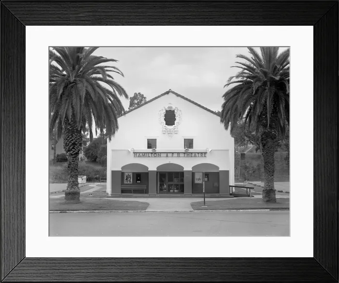 Framed Print : Movie Theaters, Hamilton Field, War Department Theater, an example of Spanish Eclectic theater architecture, constructed in 1938, Novato, California, circa 1960s
