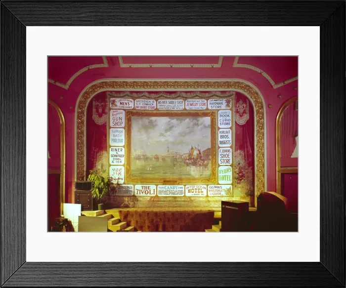 Framed Print : Movie Theaters, The Atlas Theater, detail of stage and painted curtain, constructed 1907, 213 West Sixteenth Street, Cheyenne, Wyoming, circa 1974