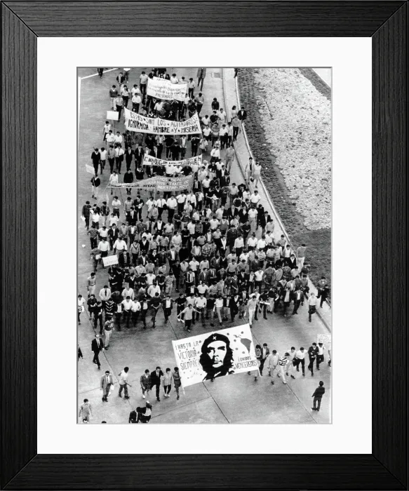 Framed Print : Mexico City: Students stream along Mexico City's Reforma Blvd en route to the Presidential Palace, carrying a banner bearing Che Guevara's portrait. August 13, 1968