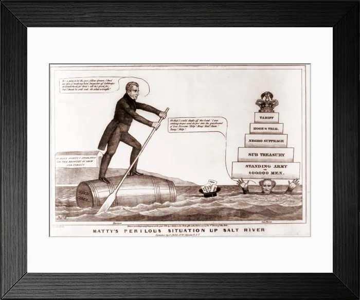 Framed Print : Cartoon of the Presidential Election of 1840. Incumbent President Van Buren sinks under the weight of Jacksonian Democracy. Harrison stands by on his hard cider barrel