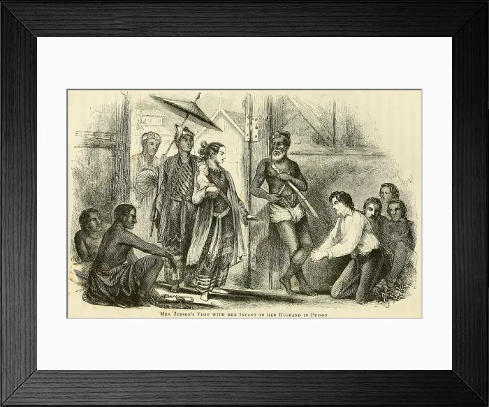 Framed Print : Mrs. Judson's visit with her infant son to her husband in prison. He was arrested during the First Anglo-Burmese War of 1824 and imprisoned for 20 months Framed Print : Mrs. Judson's visit with her infant son to her husband in prison. He was arrested during the First Anglo-Burmese War of 1824 and imprisoned for 20 months