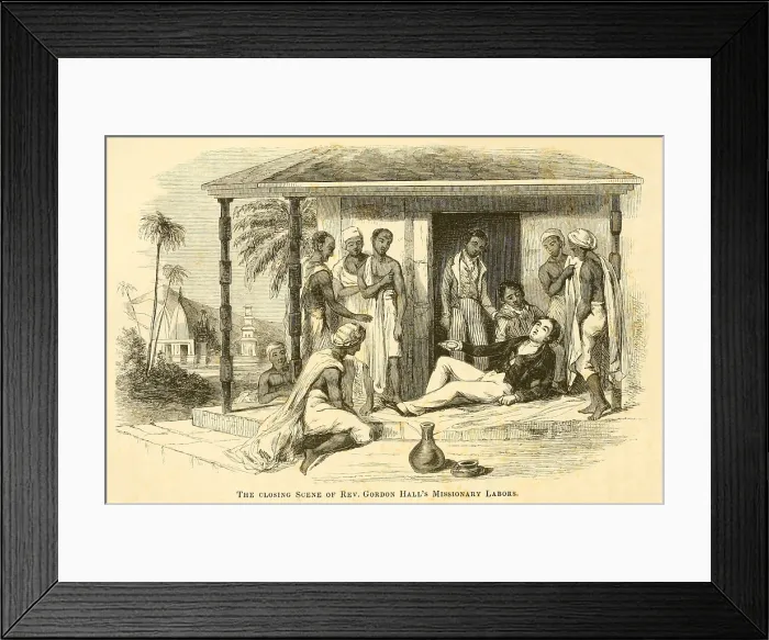 Framed Print : The death of American missionary Reverend Gordon Hall 1784-1826 of cholera after a few hours sickness in Bombay Mumbai where he had been a Christian missionary since 1813 Framed Print : The death of American missionary Reverend Gordon Hall 1784-1826 of cholera after a few hours sickness in Bombay Mumbai where he had been a Christian missionary since 1813