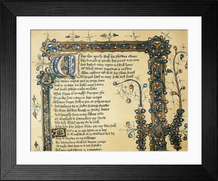 Framed Print : CHAUCER, Geoffrey (1340-1400). Illuminated page from 'The Canterbury Tales', unfinished work of Geoffrey Chaucer. Edition from the 15th century. UNITED KINGDOM. London Framed Print : CHAUCER, Geoffrey (1340-1400). Illuminated page from 'The Canterbury Tales', unfinished work of Geoffrey Chaucer. Edition from the 15th century. UNITED KINGDOM. London