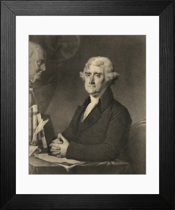 Framed Print : Thomas Jefferson 1743-1826 at a writing desk. At upper left is a sculpture bust of Benjamin Franklin Framed Print : Thomas Jefferson 1743-1826 at a writing desk. At upper left is a sculpture bust of Benjamin Franklin