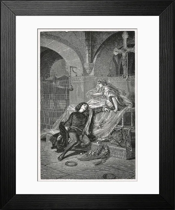 Framed Print : SHAKESPEARE, William (1564-1616). Illustration for William Shakespeare's work 'Romeo and Juliet', written in 1595. Scene of Romeo's death