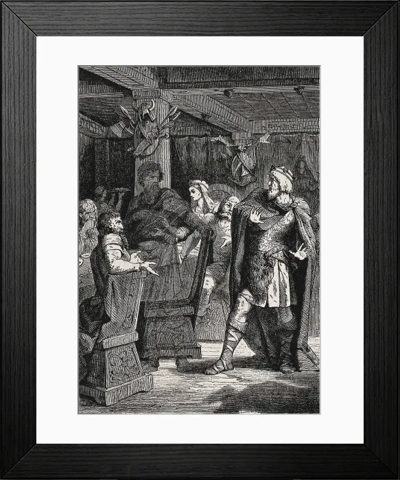 Framed Print : SHAKESPEARE, William (1564-1616). Scene with Macbeth's feast, from William Shakespeare's work 'Macbeth' (1606). Illustration from 1881. Engraving