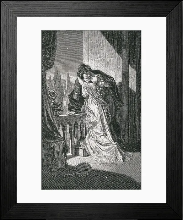 Framed Print : SHAKESPEARE, William (1564-1616). Illustration for William Shakespeare's work 'Romeo and Juliet', written in 1595. Scene of the farewell of Romeo and Juliet Framed Print : SHAKESPEARE, William (1564-1616). Illustration for William Shakespeare's work 'Romeo and Juliet', written in 1595. Scene of the farewell of Romeo and Juliet