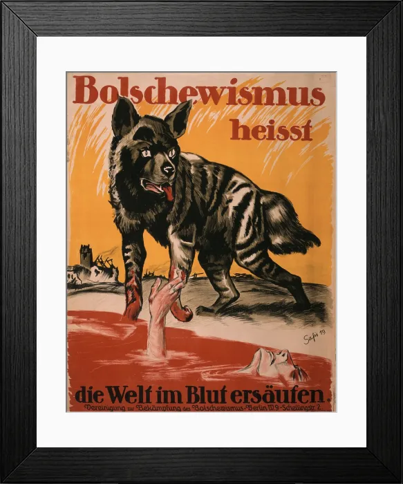 Framed Print : World War I, Bolshevism, Poster shows a wolf standing near a pool of blood with a man drowning and destroyed buildings. Text: Bolshevism means the world will drown in blood Framed Print : World War I, Bolshevism, Poster shows a wolf standing near a pool of blood with a man drowning and destroyed buildings. Text: Bolshevism means the world will drown in blood