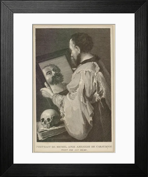 Framed Print : Michelangelo Caravaggio (1871-1610), Italian painter looking into a mirror. Of violent temperament, he killed a man in brawl in 1606, and died four years later at age of 39