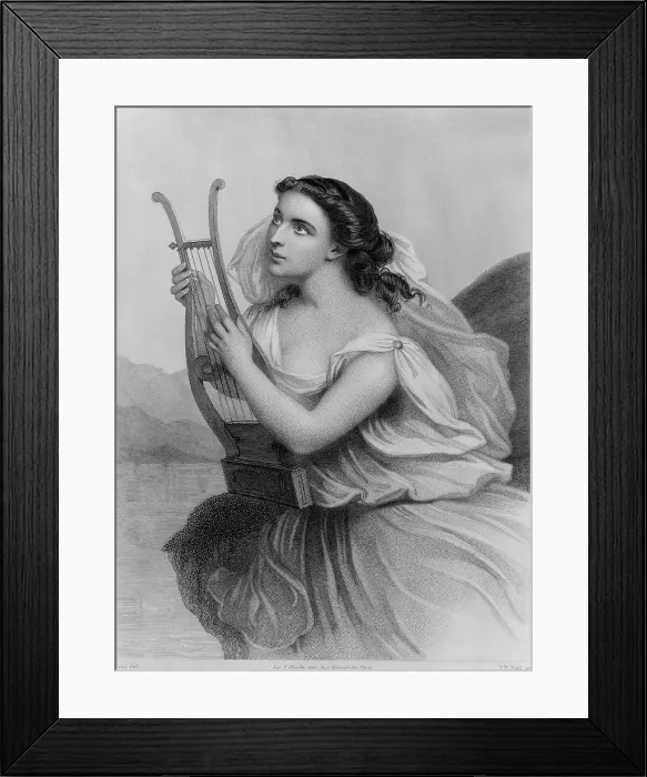 Framed Print : Sappho (610-570 BC) ancient Greek poet depicted holding lyre. 19th century engraving