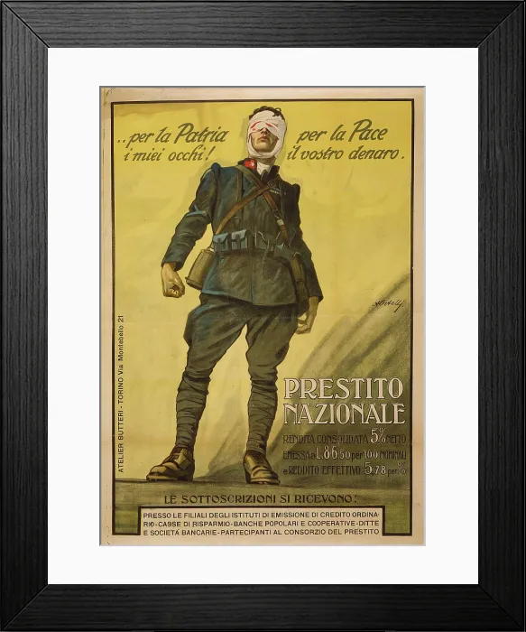 Framed Print : World War I, Poster shows a wounded Italian soldier with blood stained bandages wrapped around his eyes. Text: For the country, my eyes, for peace, your money Framed Print : World War I, Poster shows a wounded Italian soldier with blood stained bandages wrapped around his eyes. Text: For the country, my eyes, for peace, your money