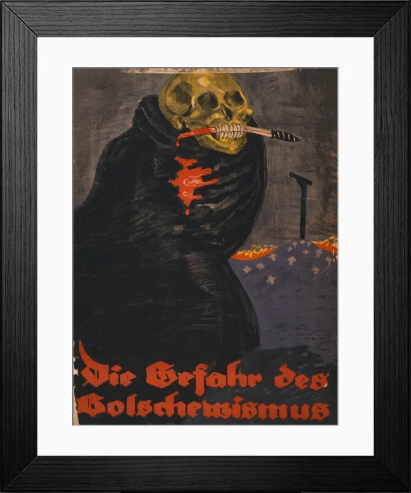 Framed Print : World War I, Bolshevism, Poster shows a skeleton, wrapped in a black cloak, with a bloody knife held in teeth. In the background a hill of crosses with a gallows Framed Print : World War I, Bolshevism, Poster shows a skeleton, wrapped in a black cloak, with a bloody knife held in teeth. In the background a hill of crosses with a gallows