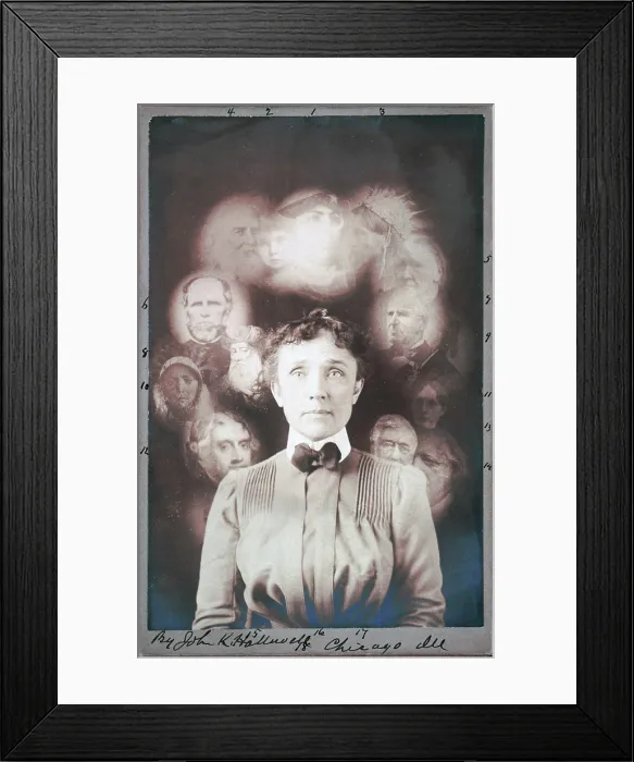 Framed Print : Spirit photograph, supposedly taken during a seance, actually a double exposure or composite of superimposed cut-outs, showing woman, half-length Framed Print : Spirit photograph, supposedly taken during a seance, actually a double exposure or composite of superimposed cut-outs, showing woman, half-length