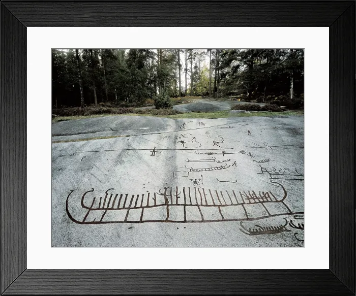 Framed Print : SWEDEN. Tanum. Petroglyphs of Tanum. Navigation scene. Bronze Age. Painting. - J. Bedmar / Iberfoto / Everett Collection (210366)**US SALES ONLY**