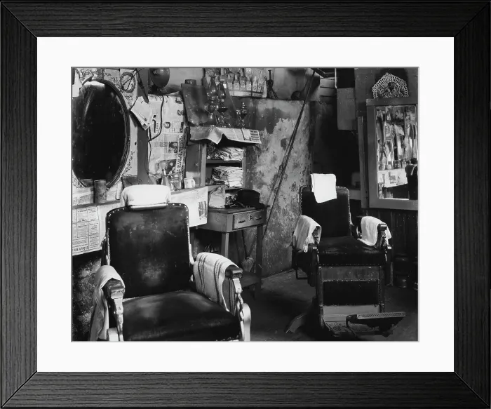 Framed Print : African American barber shop, original title: Negro barber shop, Atlanta, Georgia, photograph by Walker Evans, March, 1936 Framed Print : African American barber shop, original title: Negro barber shop, Atlanta, Georgia, photograph by Walker Evans, March, 1936