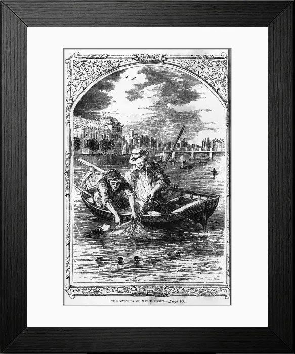 Framed Print : Illustration of Edgar Allan Poe's (1809-1849), THE MYSTERY OF MARIE ROGET, showing two men in boat lifting the body of Marie Roget from water. 1855