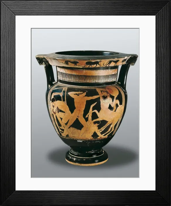 Framed Print : Krater of columns depicting a centauromachy. 6th c. BC. Attic red-figure ceramic. Classical Greek art. Ceramics. ITALY. Florence. National Museum of Archaeology