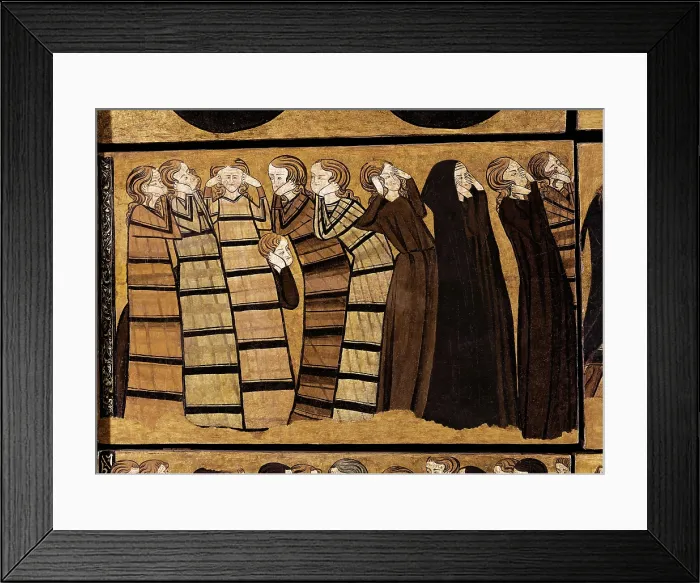Framed Print : Coats of Arms and Mourners from the Tomb of Sancho Siz de Carrillo. end 13th c. Detail. Tempera on parchment applied to a wooden support