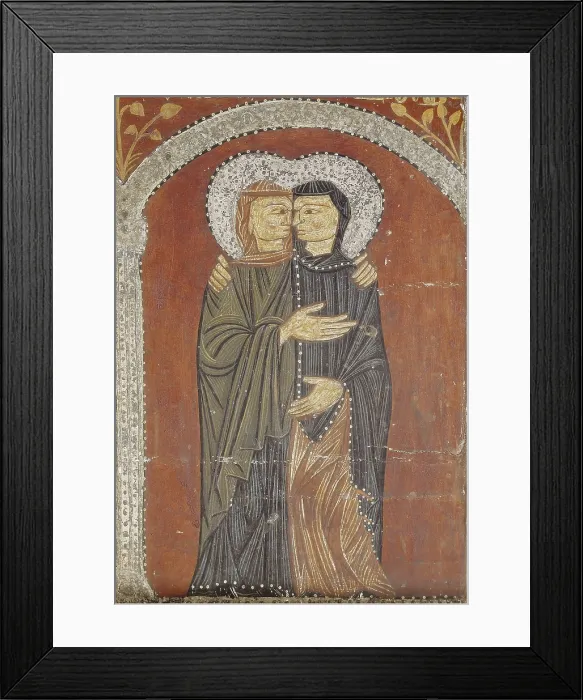 Framed Print : Altar Frontal from Mosoll. 13th c. Upper detail, the representation of the visitation. Tempera painting on wood with stucco decoration and colradura. Romanesque art