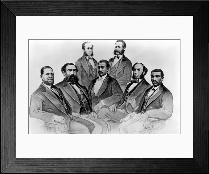 Framed Print : Black Congressmen during Reconstruction. (seated) Sen. H.R. Revels, Mississippi; Rep. Benjamin S. Turner, Alabama; Rep. Josiah T. Walls, Florida; Rep. Joseph H