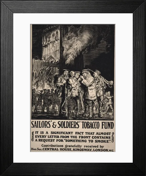 Framed Print : World War I, poster showing soldiers smoking outside a damaged church, as other soldiers march by, original title: Sailors & Soldiers Tobacco Fund