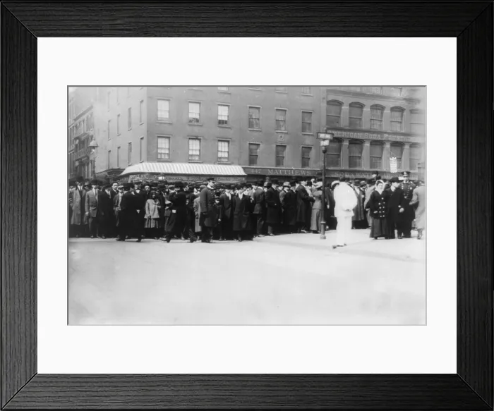 Framed Print : Triangle Shirtwaist Factory fire, crowds outside pier morgue, New York City, March 26, 1911 Framed Print : Triangle Shirtwaist Factory fire, crowds outside pier morgue, New York City, March 26, 1911