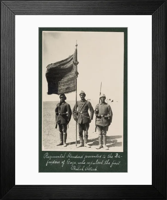 Framed Print : World War I, Regimental Standard presented to the defenders of Gaza, who who repulsed the first British attack, Palestine, photograph circa 1914-1918