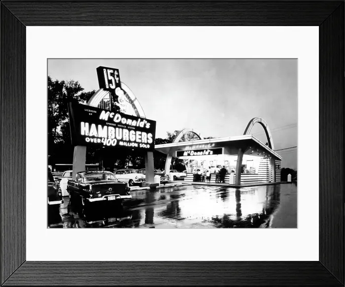 Framed Print : A McDonalds restaurant, featuring a ten item menu built around a 15 cent hamburger, c. 1950's.. Courtesy: CSU Archives  /  Everett Collection