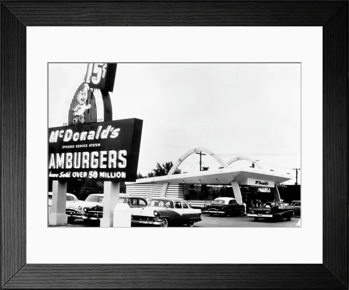 Framed Print : A McDonalds restaurant, featuring a ten item menu built around a 15 cent hamburger, c. 1950s. Courtesy: CSU Archives / Everett Collection Framed Print : A McDonalds restaurant, featuring a ten item menu built around a 15 cent hamburger, c. 1950s. Courtesy: CSU Archives / Everett Collection