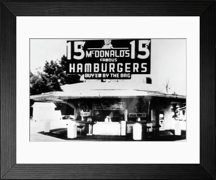 Framed Print : The original McDonalds restaurant, featuring a ten item menu built around a 15 cent hamburger, San Bernadino, California, c. 1955. Courtesy: CSU Archives / Everett Collection