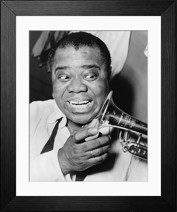 Framed Print : Louis Armstrong (1901-1971), African American Jazz musician, with his trademark smile and trumpet, 1953