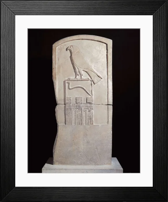 Framed Print : Serpent king Stela. 3000 BC. Upper detail: Horus. Found in the tomb of the third Pharaoh, 1st Dynasty, Djet. Egyptian art. Thinite period. Relief on rock. FRANCE. Paris