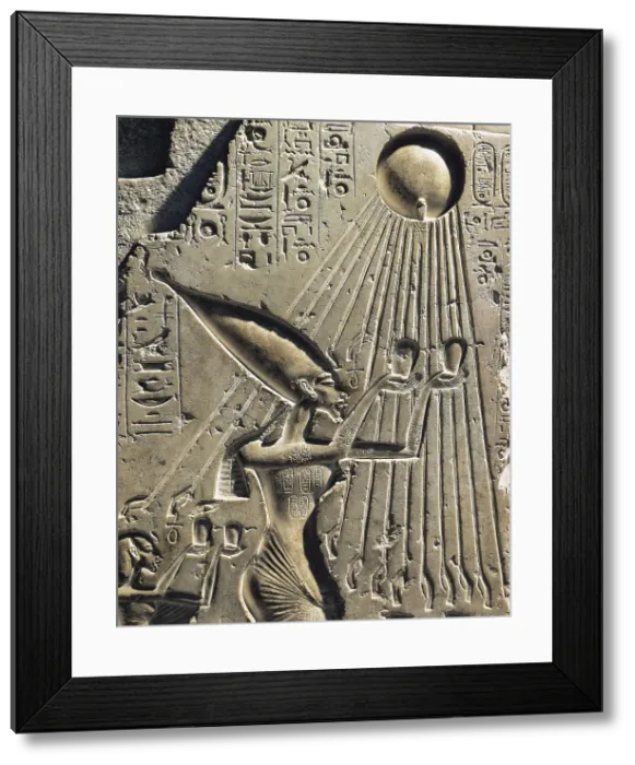Framed Print : Akhenaten and his family offering to the sun-god Aten. 1364 - 1347 BC. Detail of the Pharaoh. Egyptian art. New Kingdom. Relief on rock. EGYPT. Cairo. Egyptian Museum