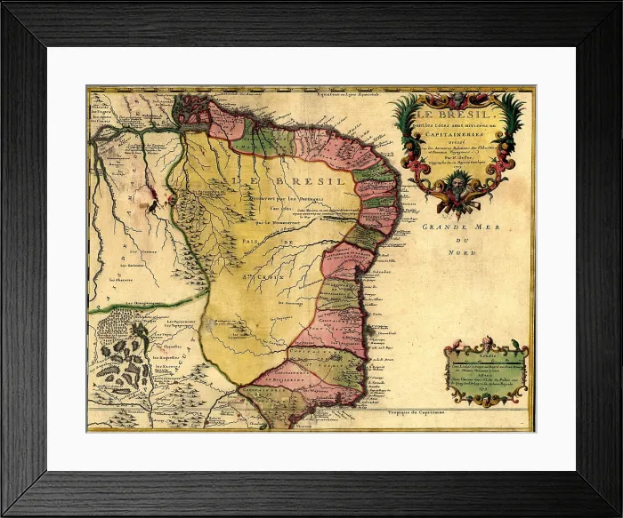 Framed Print : 1719 map of Brazil, showing geographic definition on the coast