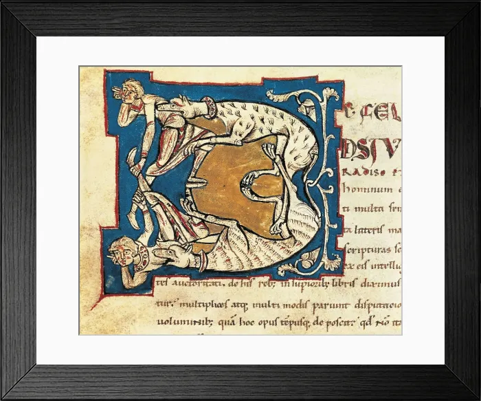 Framed Print : AUGUSTINE, Saint (354-430). Initial of a page from 'The City of God' of Saint Augustine. Edition published in the 12th century. Romanesque art. Miniature Painting