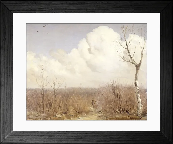 Framed Print : Autumn Day, by Gerrit Willem Dijsselhof, c. 1895-1915, Dutch painting, oil on panel. A hunter walks with a dog in the center of an autumn landscape under white clouds Framed Print : Autumn Day, by Gerrit Willem Dijsselhof, c. 1895-1915, Dutch painting, oil on panel. A hunter walks with a dog in the center of an autumn landscape under white clouds